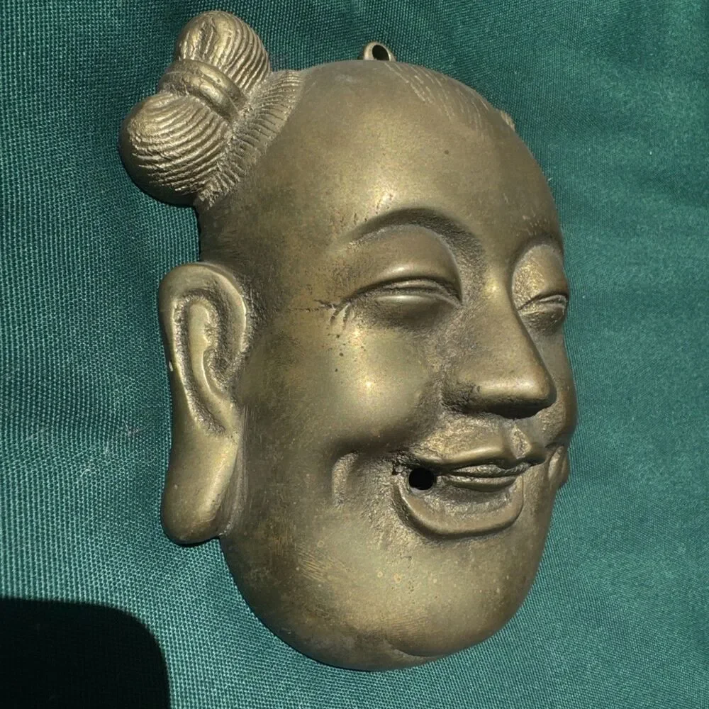 Vintage Brass Laughing Buddha Wall Mask Budai Hong Kong Decor 6